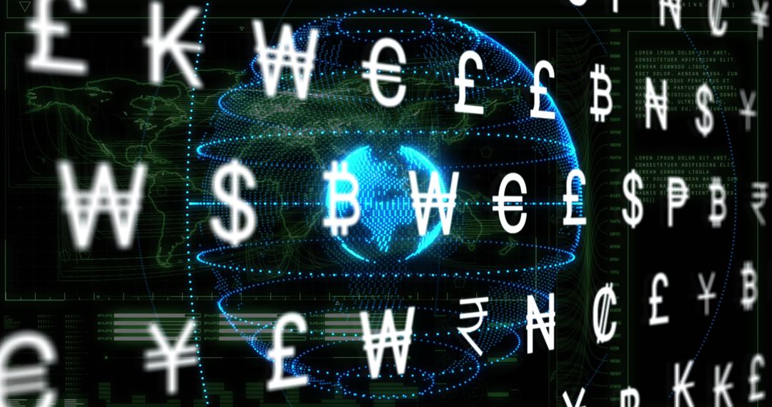 Global Currency Symbols on Digital Sphere Representing Economics