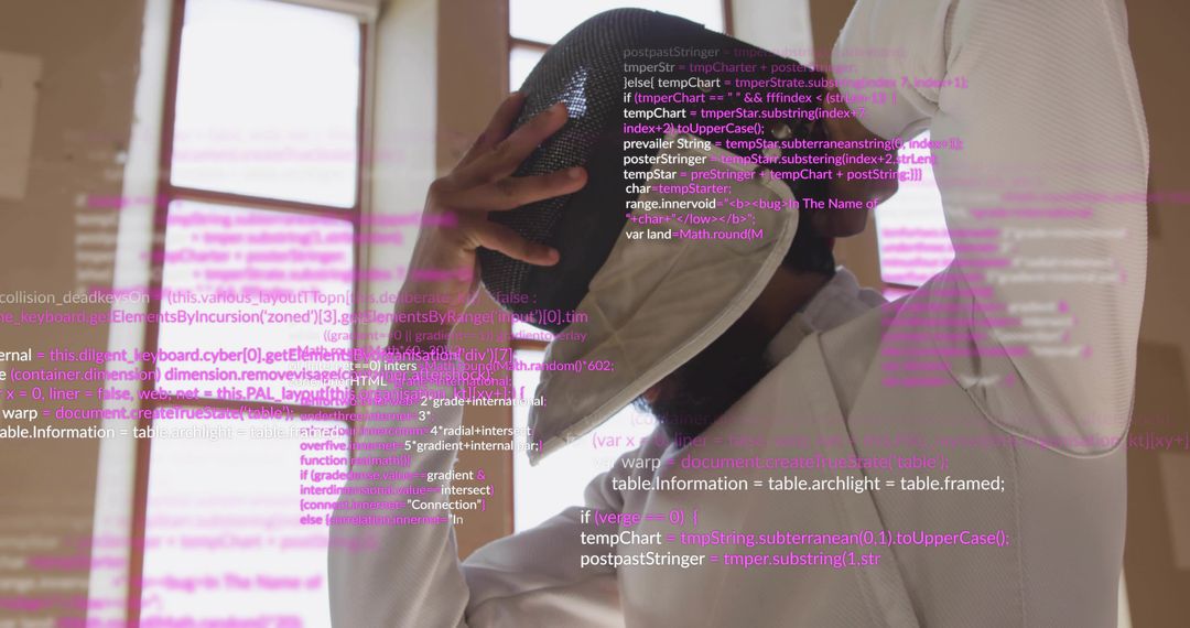 Indian fencer lifting mask with gloved hand, code overlays, magenta data, sport training