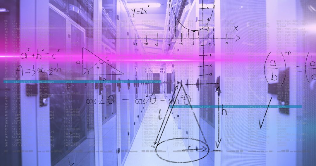 Futuristic Data Center with Mathematical Overlays and Magenta Lighting