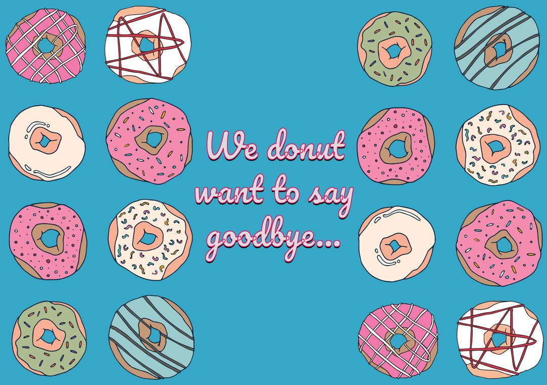 Cute Donut-Themed Goodbye Card with Various Colorful Donuts on Blue Background - Download Free Stock Templates Pikwizard.com