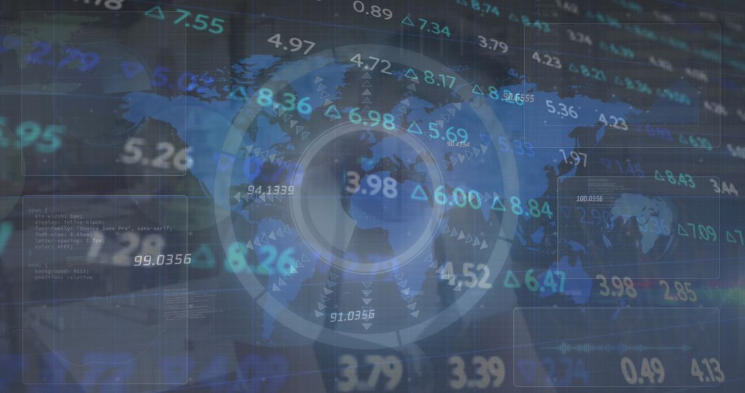 Global Financial Analytics over World Map and Data Graphics