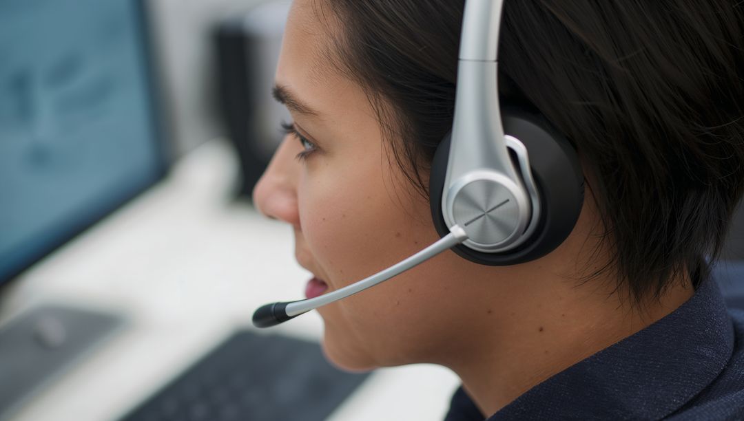 Focused Call Center Agent Wearing Headset Engaged with Screen