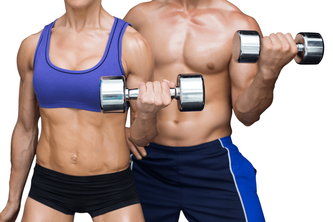 Transparent Midsection Athletes Couple Lifting Dumbbells Health Fitness