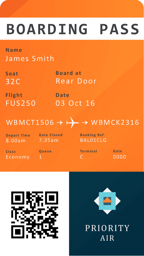 Digital Boarding Pass on Transparent Background for Travel Use