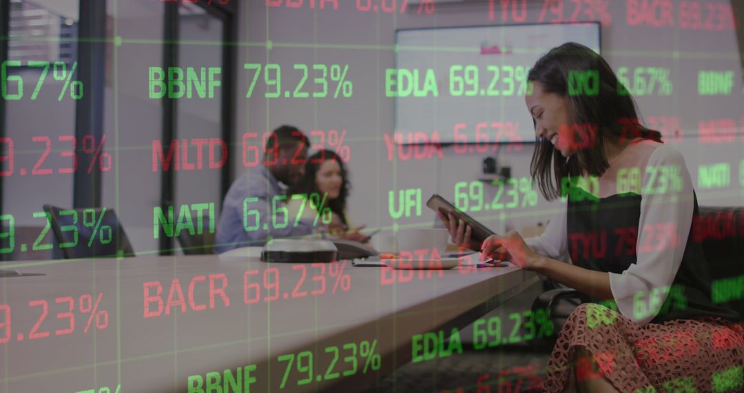 Businesswoman Analyzing Data in Modern Office with Financial Graph Overlay