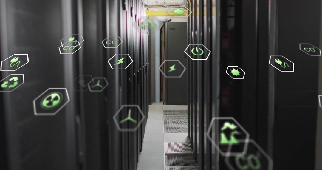 Eco-Friendly Data Center with Digital Icons Overlay