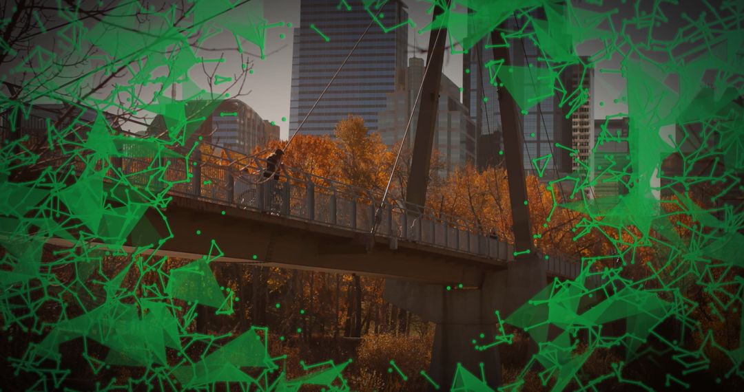 Man Checking Smartphone on Urban Footbridge with Futuristic Overlay