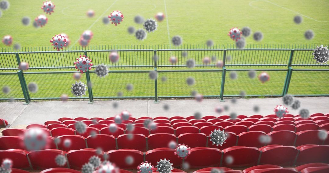 3D Coronavirus Cells Over Empty Sports Stadium Bleachers