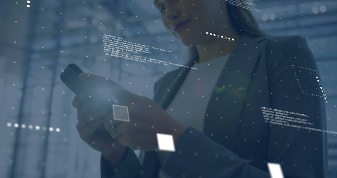 Businesswoman Utilizing Smartphone with Financial Data Holographics