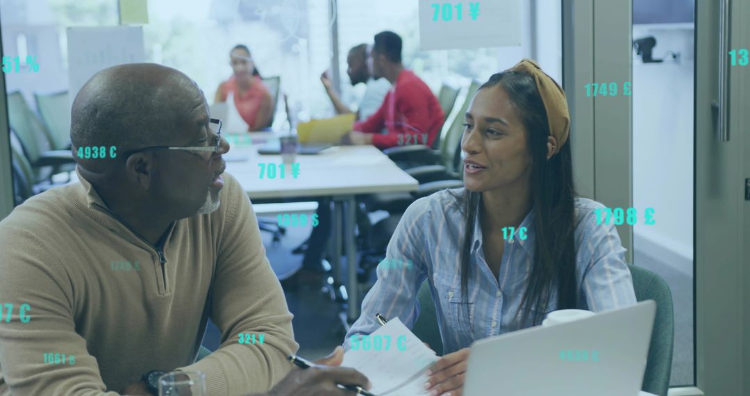 Engaged Team Members Discussing Projects with Virtual Data Overlay