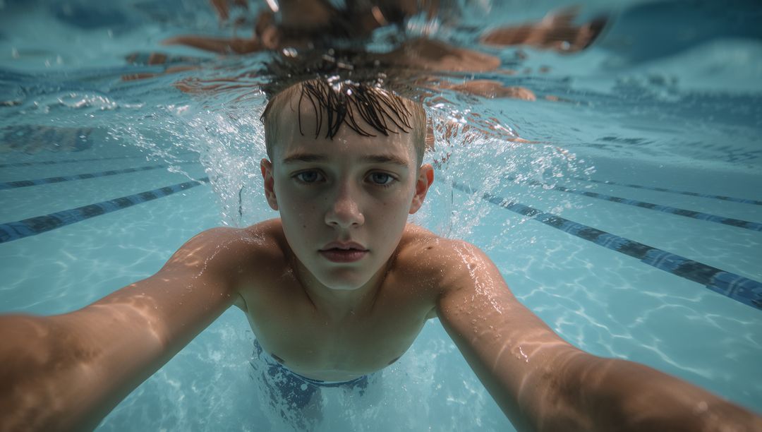 Underwater teen swimmer reaching to camera in lap pool with lane lines and bubbles, training