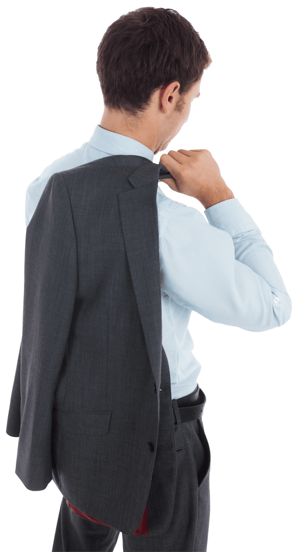 Caucasian Businessman Adjusting Suit Jacket on Transparent Background
