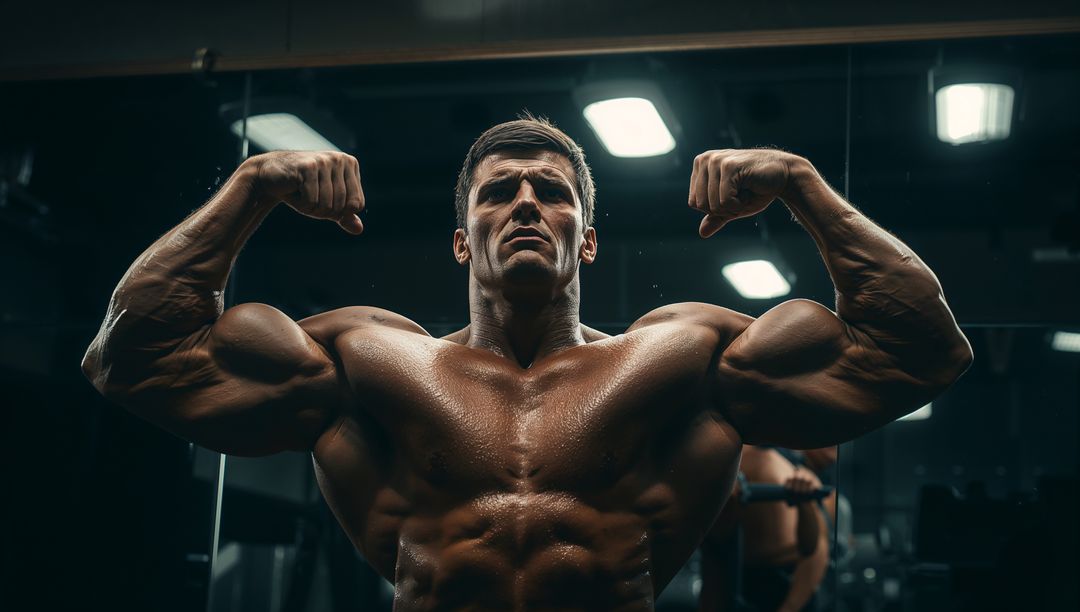 Muscular Man Flexing in Gym with Determined Expression