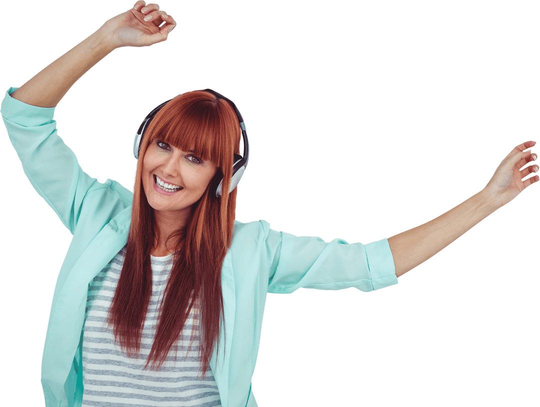 Cheerful Hipster Woman Dancing with Headphones on Transparent Background