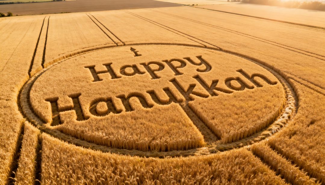 Aerial golden wheat circle spelling Happy Hanukkah across sunlit farmland at golden hour