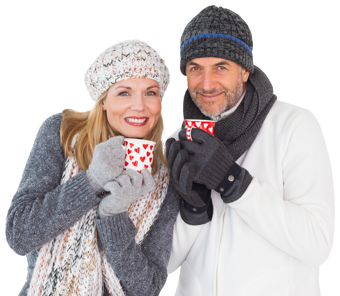 Happy Seniors Enjoying Warm Drinks in Cozy Winter Clothing on Transparent Background - Download Free Stock Images Pikwizard.com