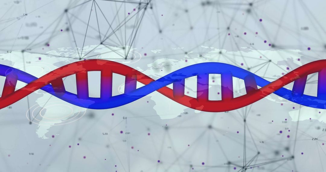 Colorful DNA Helix Over Global Map with Network Connections
