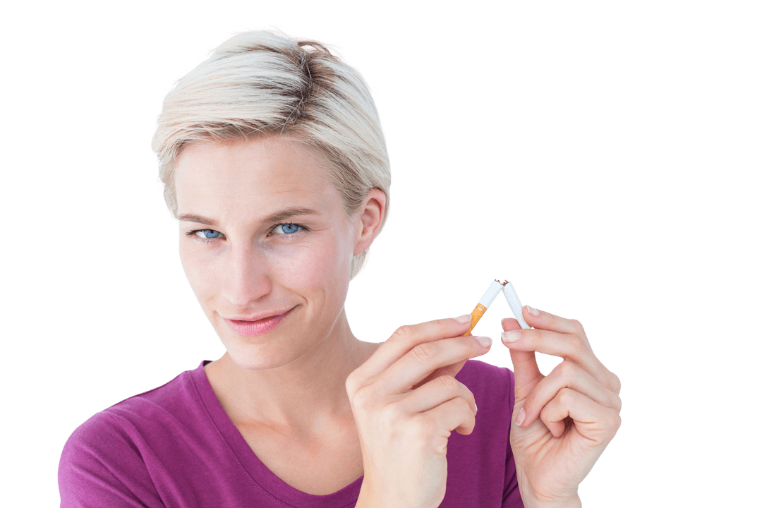 Happy Woman Breaking Cigarette on Transparent Background for Awareness