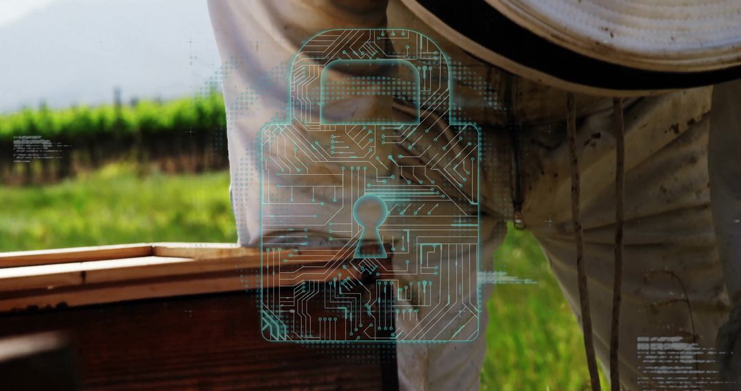 Beekeeper in Protective Suit Studying Beehive with Digital Security Overlay