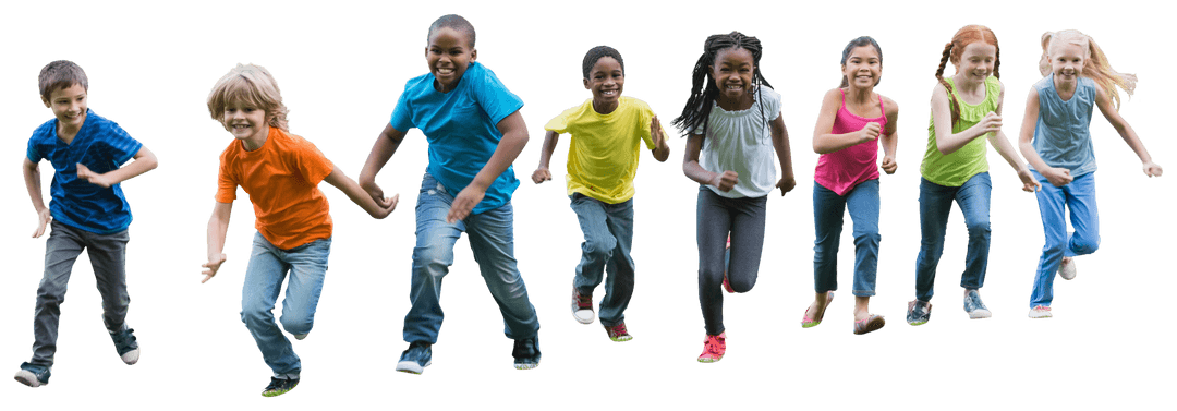 Diverse Children Running on Transparent Background