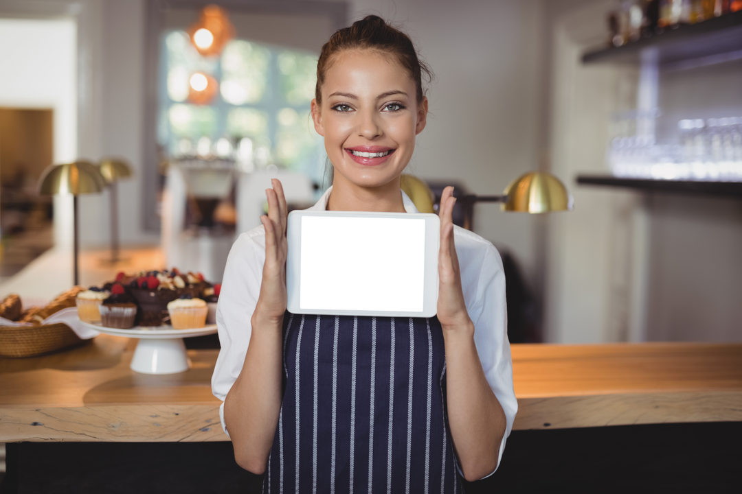 Smiling Waitress Holding Transparent Tablet at Restaurant Counter - Download Free Stock Images Pikwizard.com