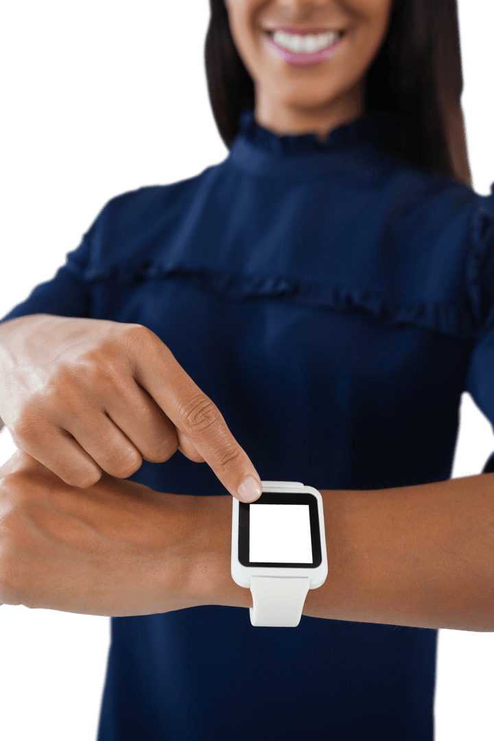 Transparent View of Woman Interacting with Modern Smartwatch