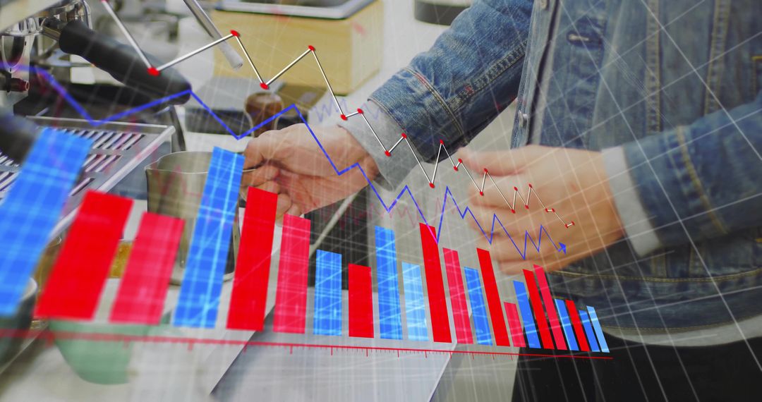 Tapping Card at Cafe Counter with Overlaid Sales Analytics and Espresso Equipment