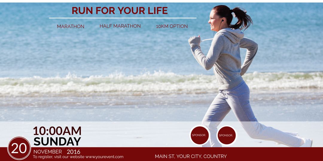 Motivational Running Event Advertisement with Jogging Woman by Sea