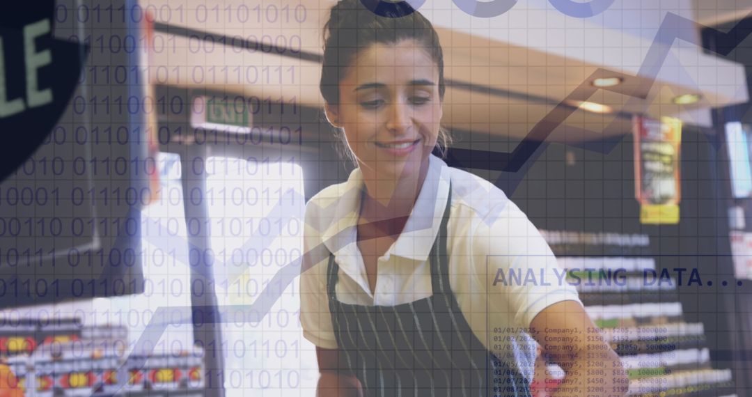 Woman Working in Supermarket with Data Analytics Overlay