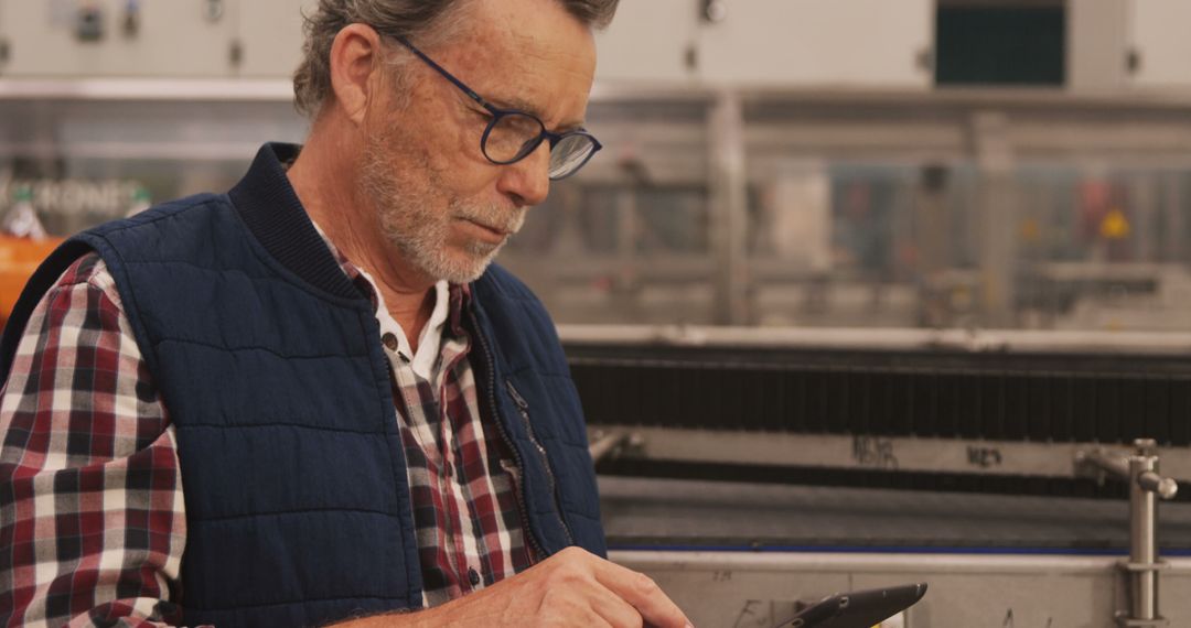 Senior Factory Worker Using Tablet for Quality Control in Brewery