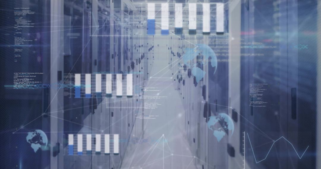 Digital Interface Over Modern Server Room with Global Connections