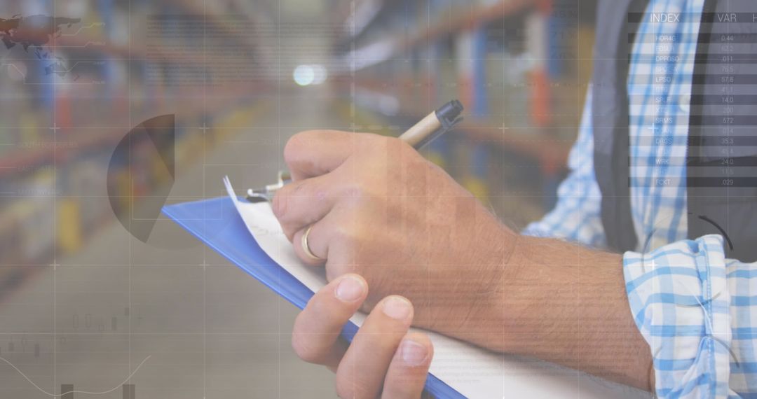Man Working in Warehouse with Data Overlay