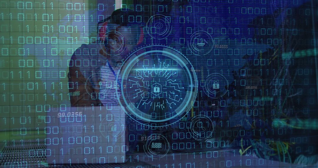 African American Worker Monitoring Data Operations in Server Room