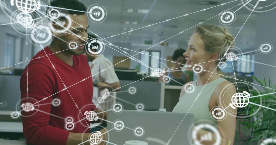 Digital Collaboration: Professionals Exploring Network Icons in Modern Office