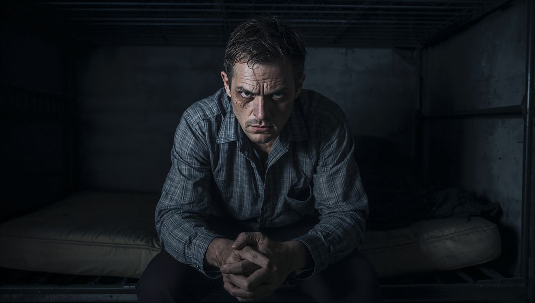 Pensive Man Clasping Hands in Dimly Lit Bunk Room