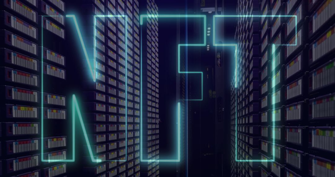 Neon NFT Text Overlaying Futuristic Server Room