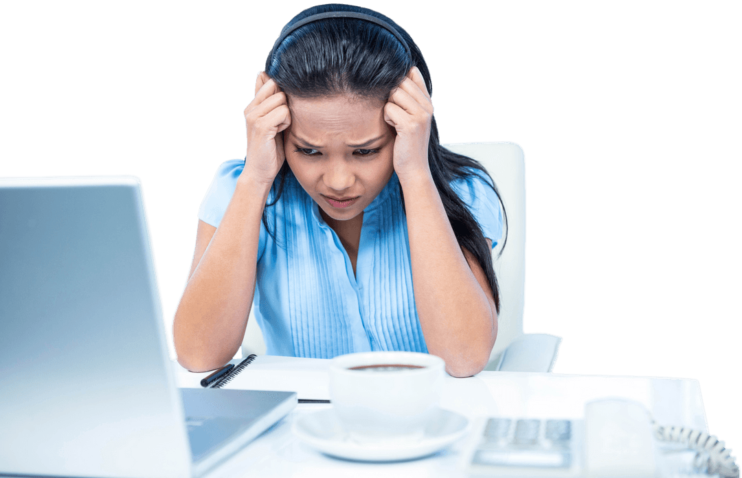 Transparent Stressed Businesswoman Working at Desk Challenged by Tasks