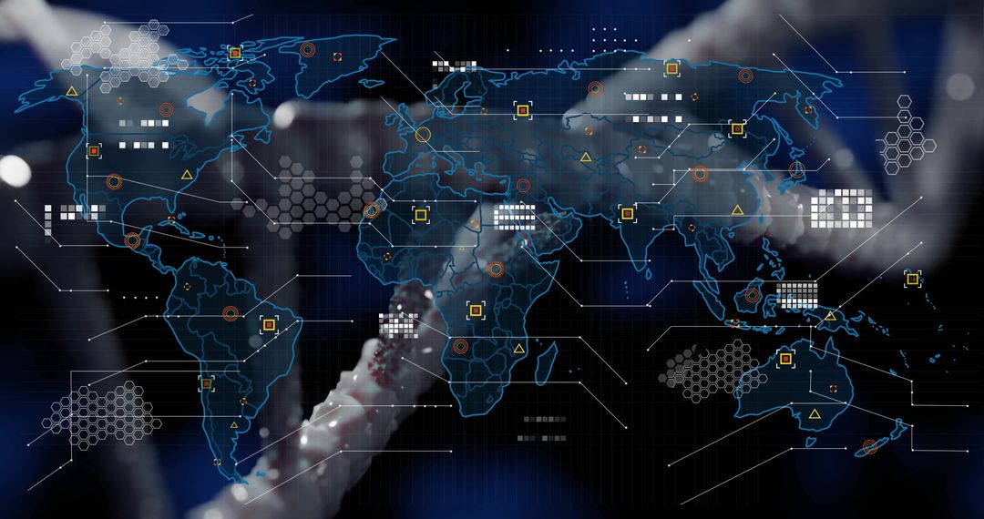 Futuristic Digital World Map Interface with Data Visualization