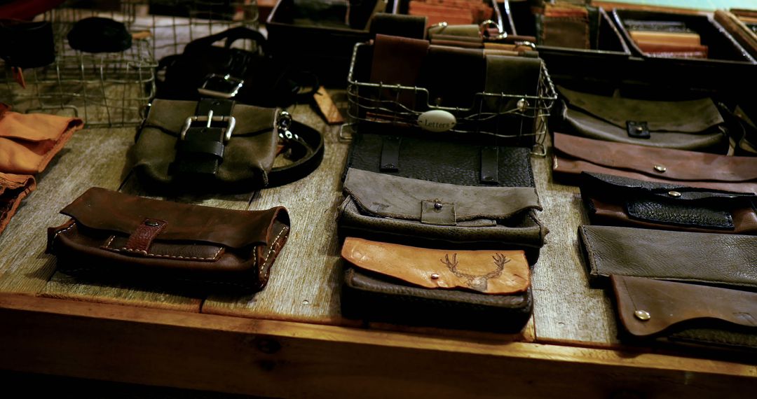 Various types of leather bag on table in workshop - Free Images, Stock Photos and Pictures on Pikwizard.com
