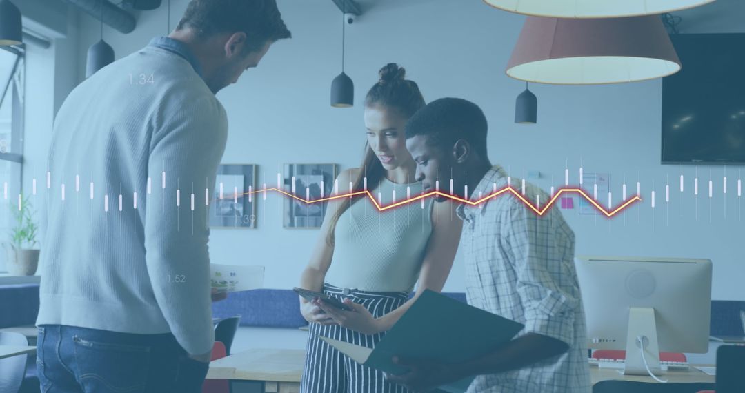 Diverse Business Team Analyzing Financial Data with Transparent Charts