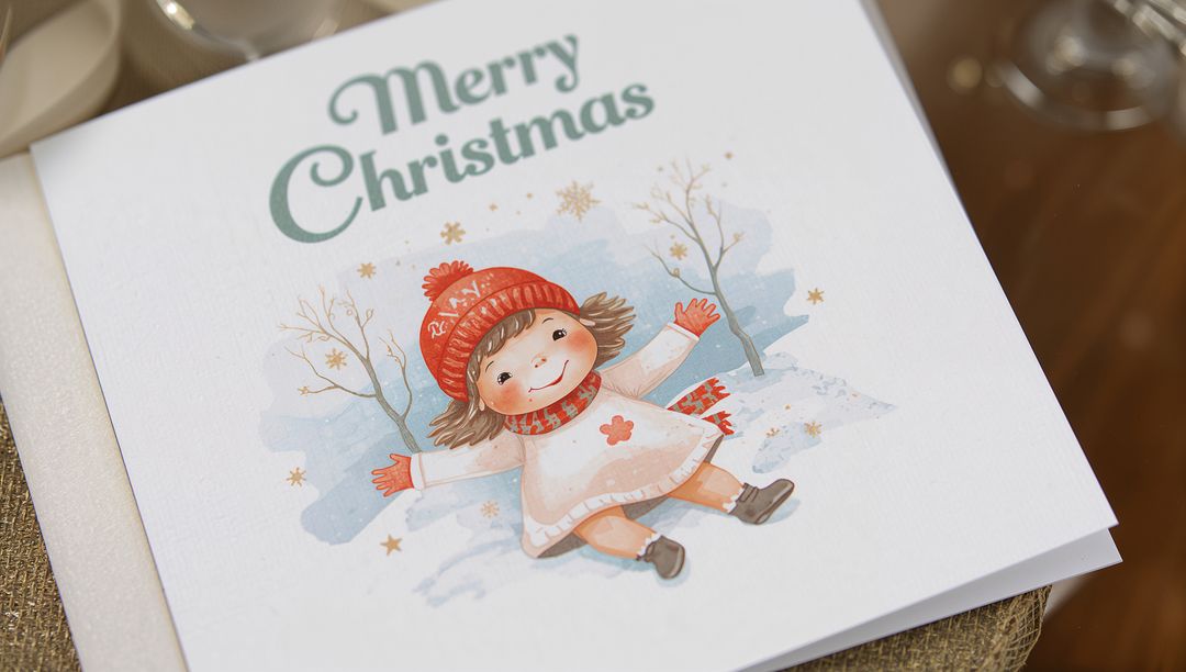 Merry Christmas watercolor greeting card featuring smiling child in red hat on snowy scene