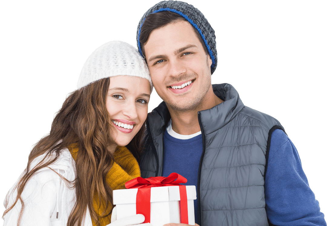 Smiling Couple Holding Red Ribbon Wedged Gift Box on Transparent Background.