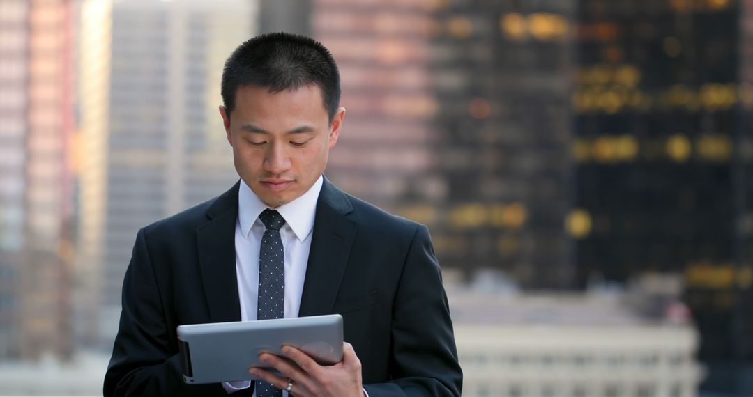 Focused Asian Businessman Using Digital Tablet on Balcony