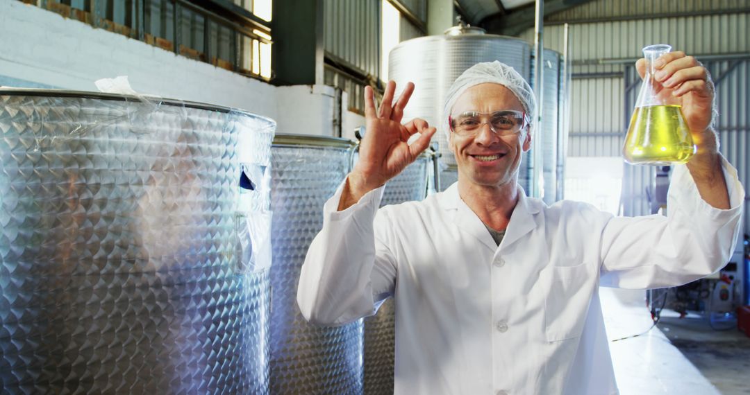 Scientist Holding Beaker with Liquid in Industrial Laboratory - Free Images, Stock Photos and Pictures on Pikwizard.com