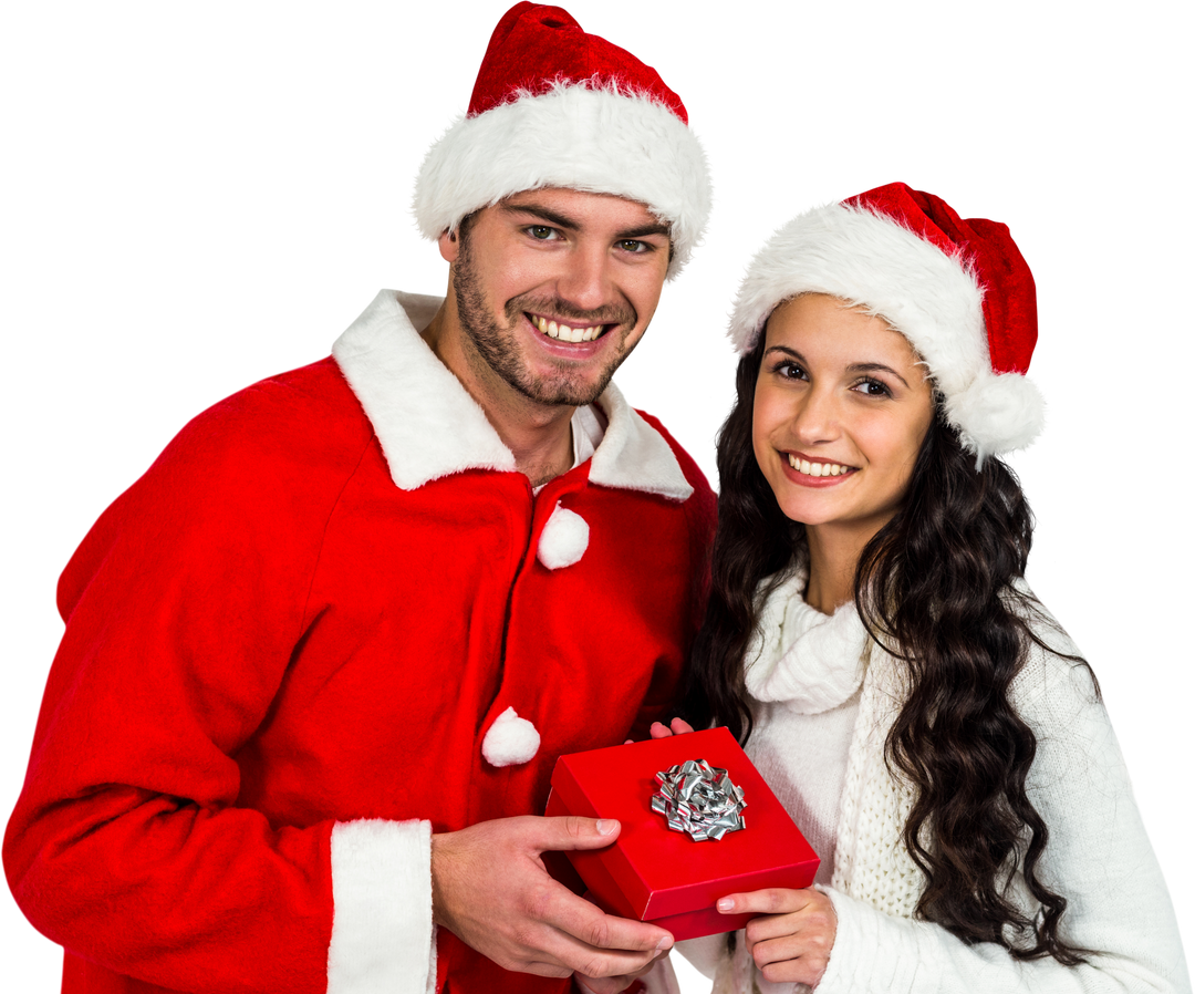 Cheerful Couple Wearing Christmas Hats Holding Red Gift Box on Transparent Background - Download Free Stock Images Pikwizard.com