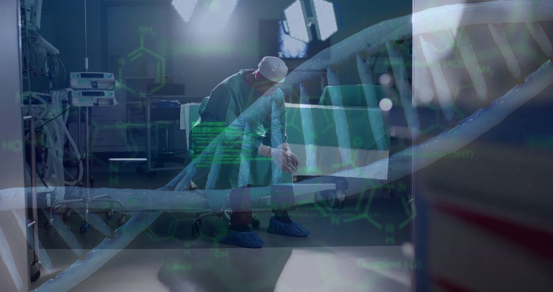 Surgeon in Hospital Integrating DNA Research and Data Processing
