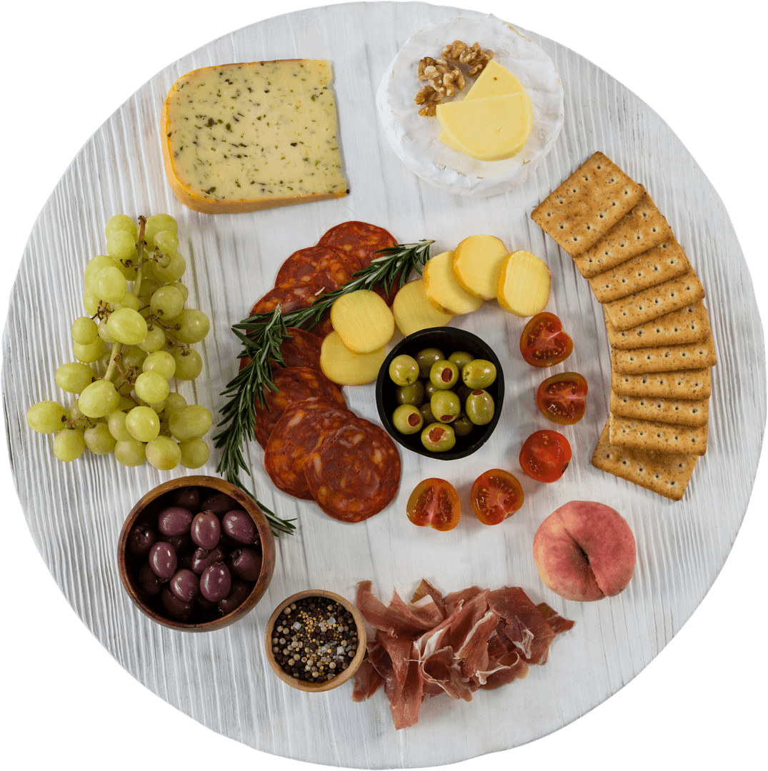 Transparent Charcuterie Board with Meats, Cheeses, and Fruit