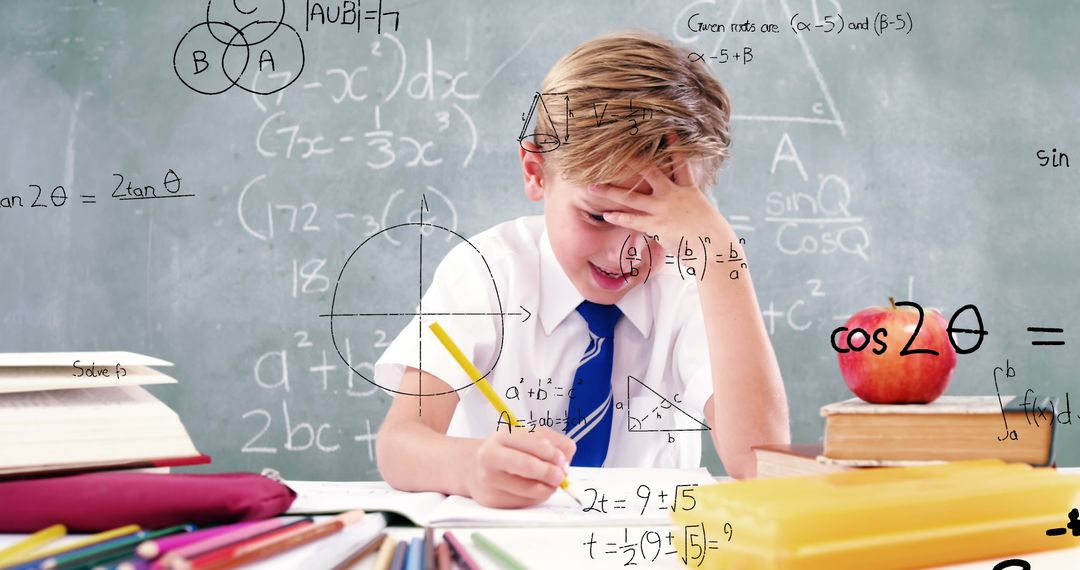 Young Boy Focused on Math Homework with Complex Formulas