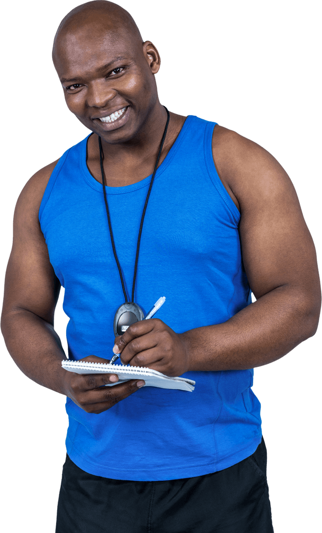 Smiling Athletic Trainer with Stopwatch and Notepad on Transparent