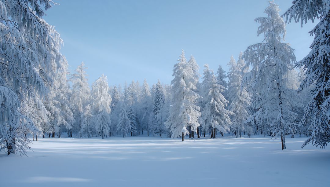 Snow-Covered Pine Forest Clearing with Frosted Branches and Long Blue Shadows